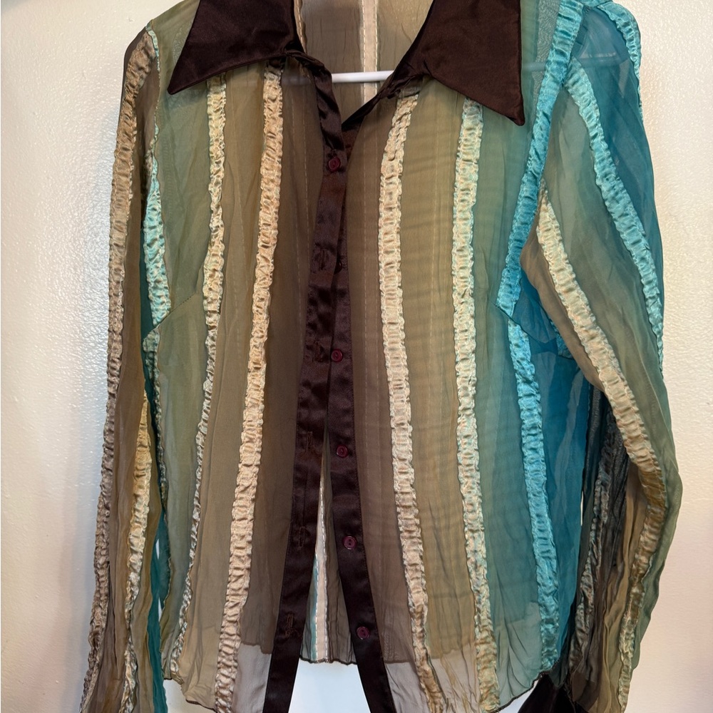 Signature Brown, Blue, and Cream Sheer Blouse